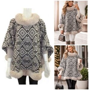 NWT Geometric Pattern Sweater Poncho Shawl with Long Sleeve Arms & Faux Fur Trim